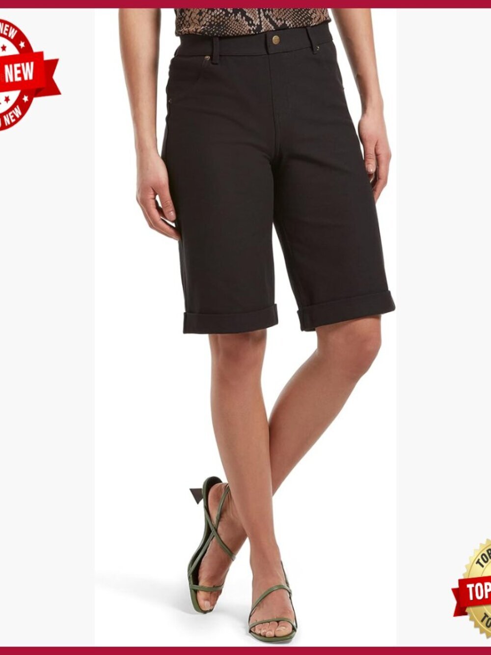 High Waist Pull On Denim Shorts with Rolled Cuffs, Relaxed Fit, 5 Pockets, Knee